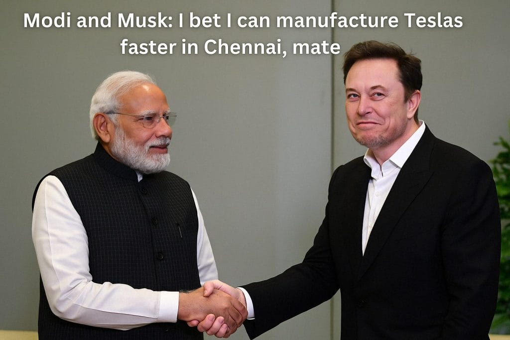 AI Generated- Musk and Modi handshake. Musk wants to manufacture tesla in India