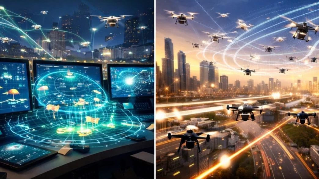 Discover how AI-driven cognitive air traffic control autonomously coordinates thousands of drones in urban airspace. Explore India's Skye UTM breakthrough, swarm coordination technology, and the emergence of urban sky highways transforming aviation and logistics.